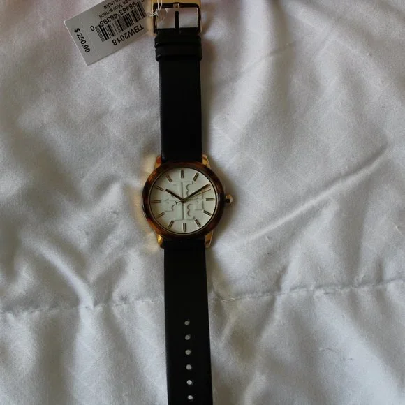 NIB TORY BURCH GIGI GOLD CASE BLACK LEATHER WATCH TOP RINGS GIFT SET TBW2018 - Picture 10 of 12